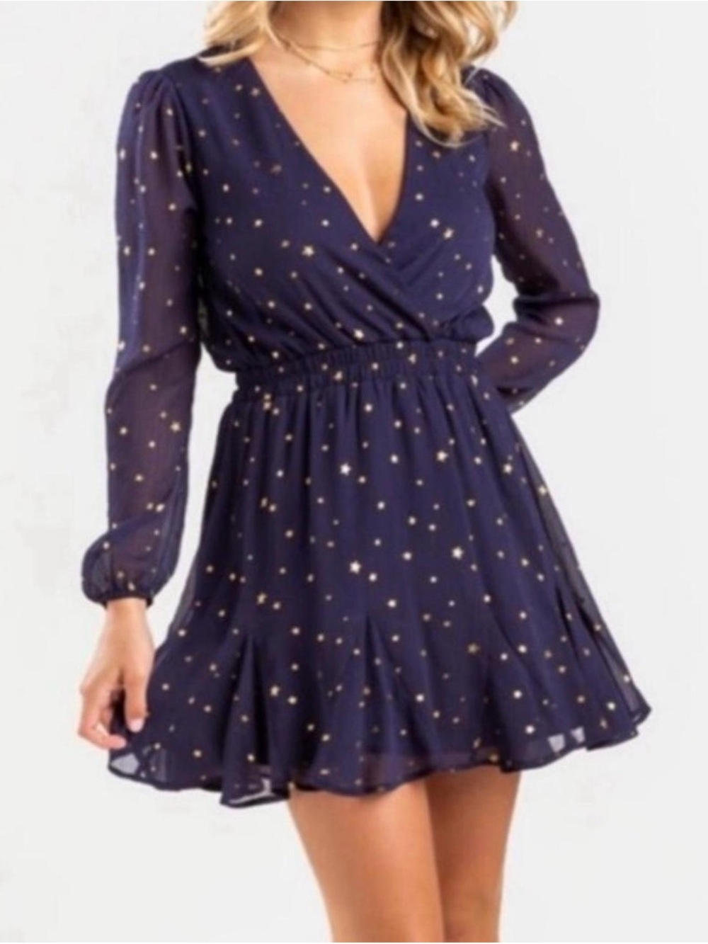 Mi Ami Navy Gold Star Long Sleeve Ruffle Mini Dress Size Medium